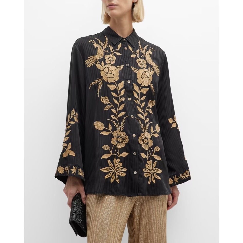 Johnny Was Martina Floral-Embroidered Stripe Jacquard Collared shirt